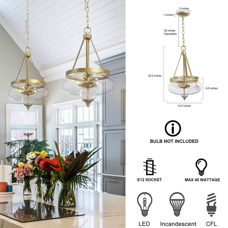Modern Glam Chandelier 3-Light Clear Glass Lantern Farmhouse Pendant Lights for Kitchen Island