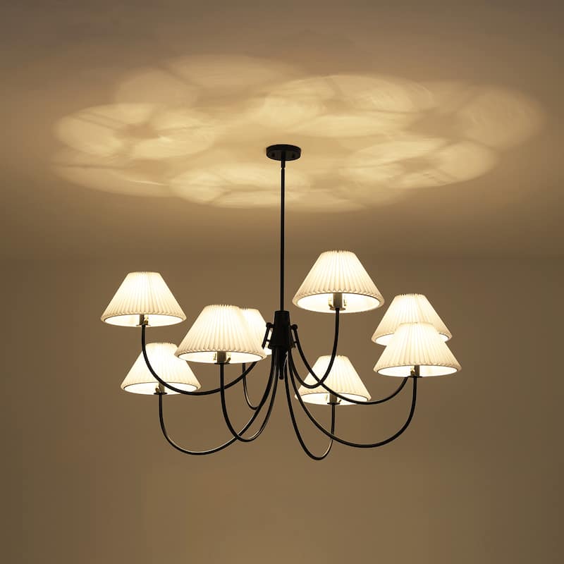 8/5-Light Mid-Century Modern Gold/Black Chandelier with Pleated Fabric Lampshades Hanging Light for Living Room, Dining Room