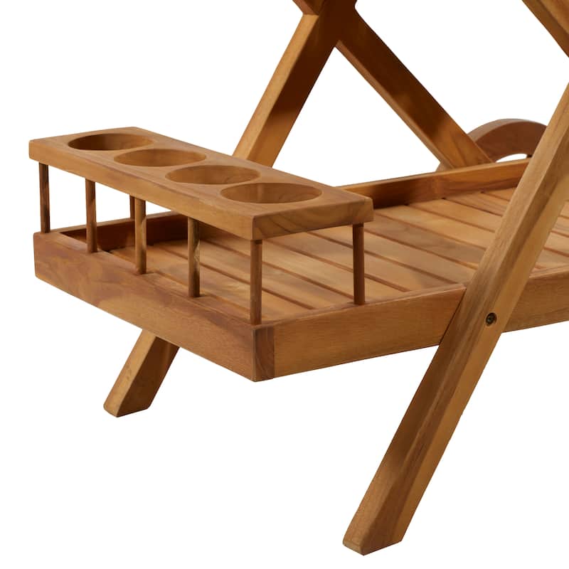 Teak Wood Indoor Outdoor Rolling 2 Shelves Bar Cart with Wheels and Handle - Brown - Roche River Decor - 21"W x 32"L x 32"H