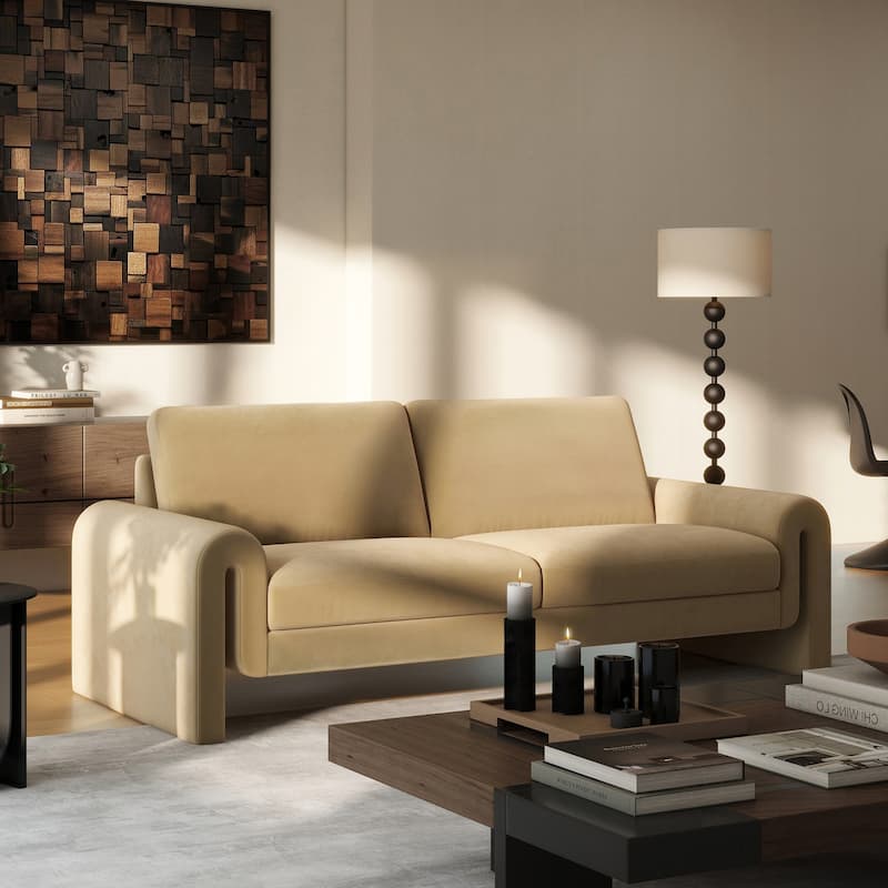 Mason 85" Velvet Pillow Back Curved Arm Sofa - Camel Brown Beige Performance Velvet