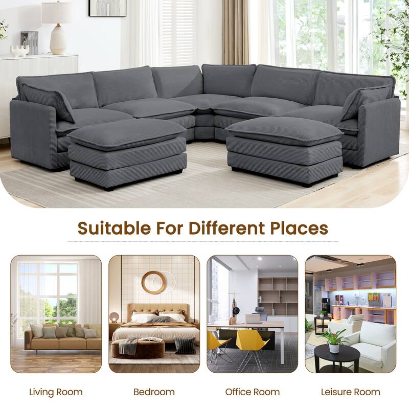 7-Seater Corduroy Sectional Sofa with 2 Removable Ottomans & Corner Seat, Soft & Comfortable - 5 Seats with 2 Ottoman