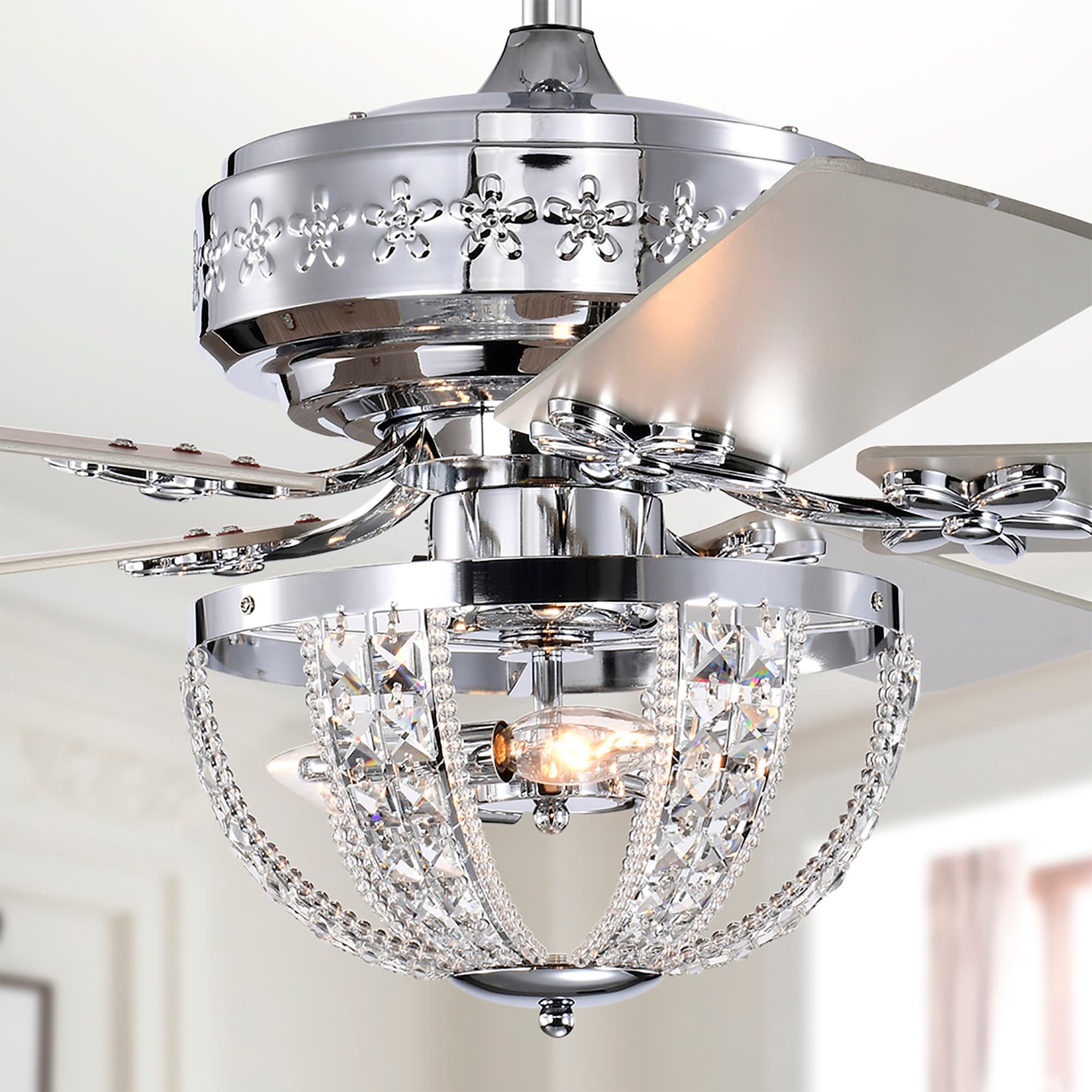 Warehouse of Tiffany Santana 52 Inch Chrome Polished Finish Mid-Century style Ceiling Crystal Fan with Remote