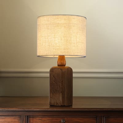 18''/22''Farmhouse Traditional Natural Solid Wood Table Lamp with Beige Fabri Drum Shade for Bedroom Living Room