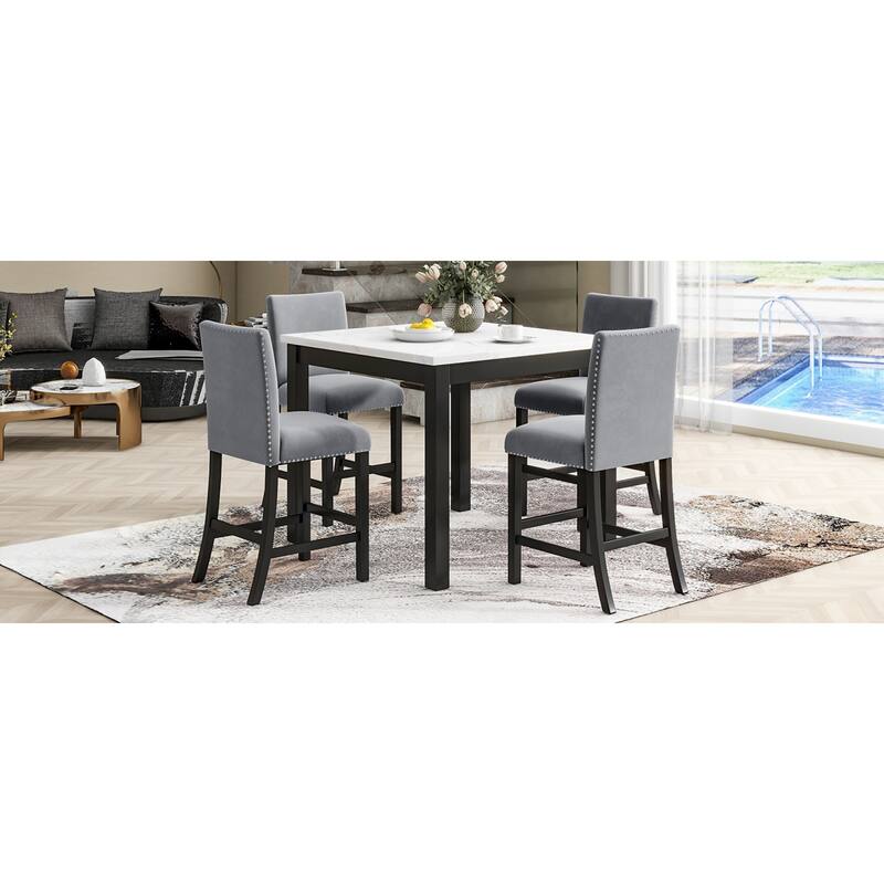 Roomfitters 5-Piece Counter Height Dining Table Set with Faux Marble Square Table and Velvet Upholstered Chairs