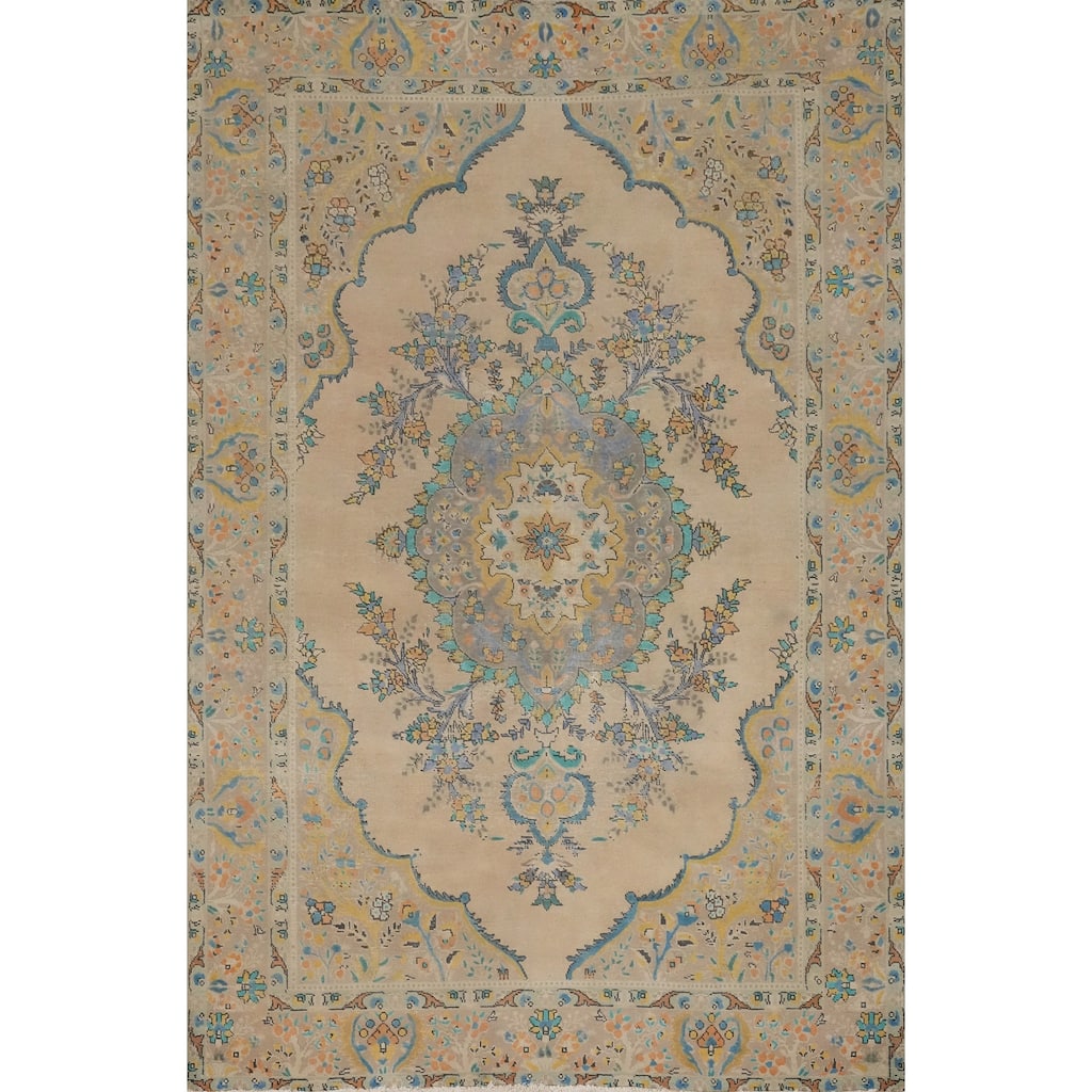 Hand Knotted Oriental 100% Wool Carpet Traditional Floral Beige & Ivories Tabriz Area Rug - 9' 10'' X 6' 6''
