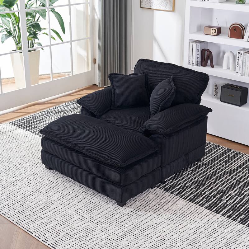 Deep Seat Accent Chair & Ottoman Set of 2, Reclining Sofa Chair, Corduroy Upholstered Chaise Lounge Couch with 2 Toss Pillows
