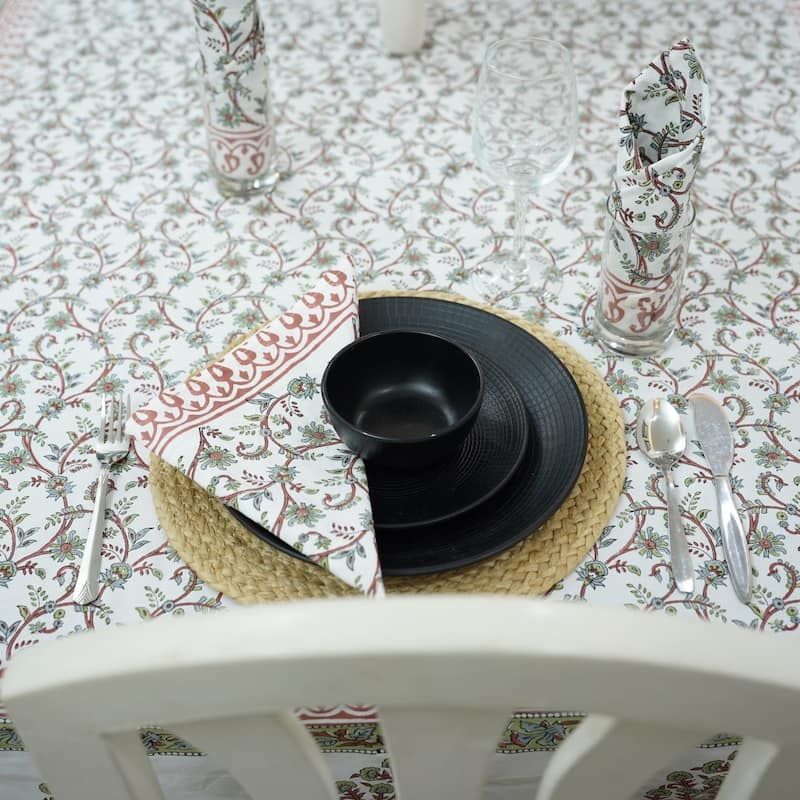 Fabdivine Floral Cotton Table Cover or Cloth Handmade Block Print for Dining & Home Décor Accent