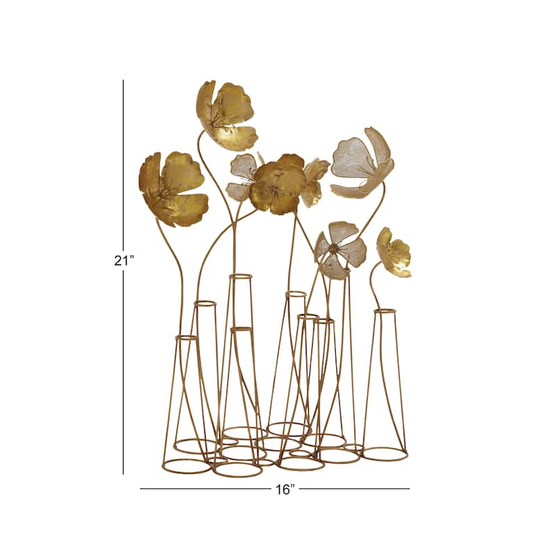 Metal Floral Sculpture with Wire Vases and Mesh Netting Detail - Gold - Roche River Decor - 9"W x 16"L x 21"H