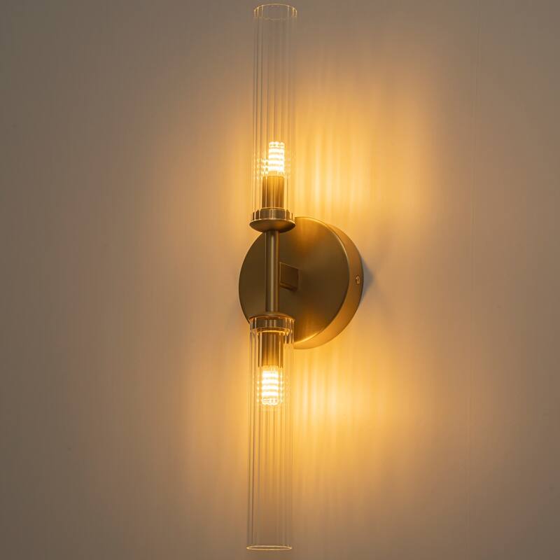 2-Light Mid-Century Modern Brushed Gold/Matte Black Finish Linear Vanity Light with Clear Striped Glass for Bathroom