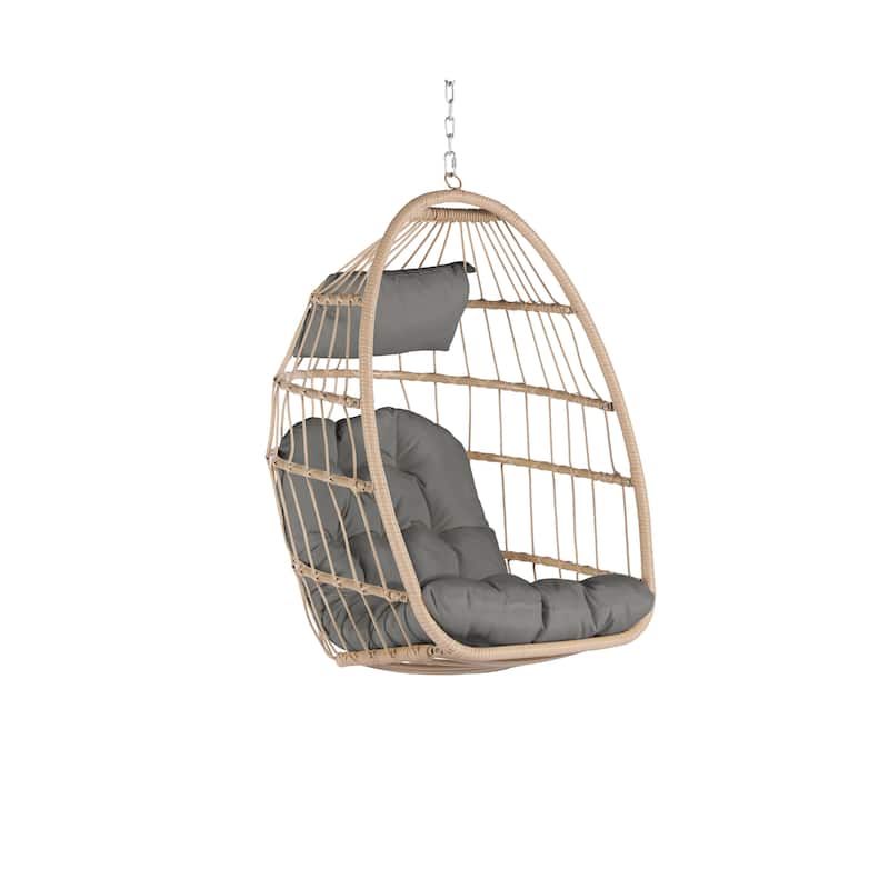 Outdoor Garden Rattan Egg Swing Chair Hanging Chair Wood+Red cushion