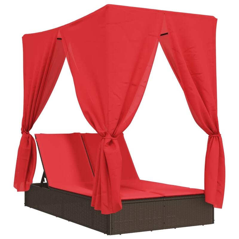 vidaXL Double Sun Lounger with Roof and Curtains Brown/Gray/Black Poly Rattan - 78.7" x 44.9" x 77.2"