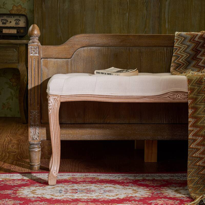 CO-Z Long French Vintage Upholstered Bench with Carved Wood Frame