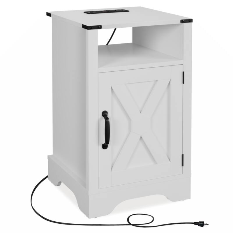 Farmhouse Nightstand Side Table,Tall Bedside Table with Electrical Outlets Charging Station - White