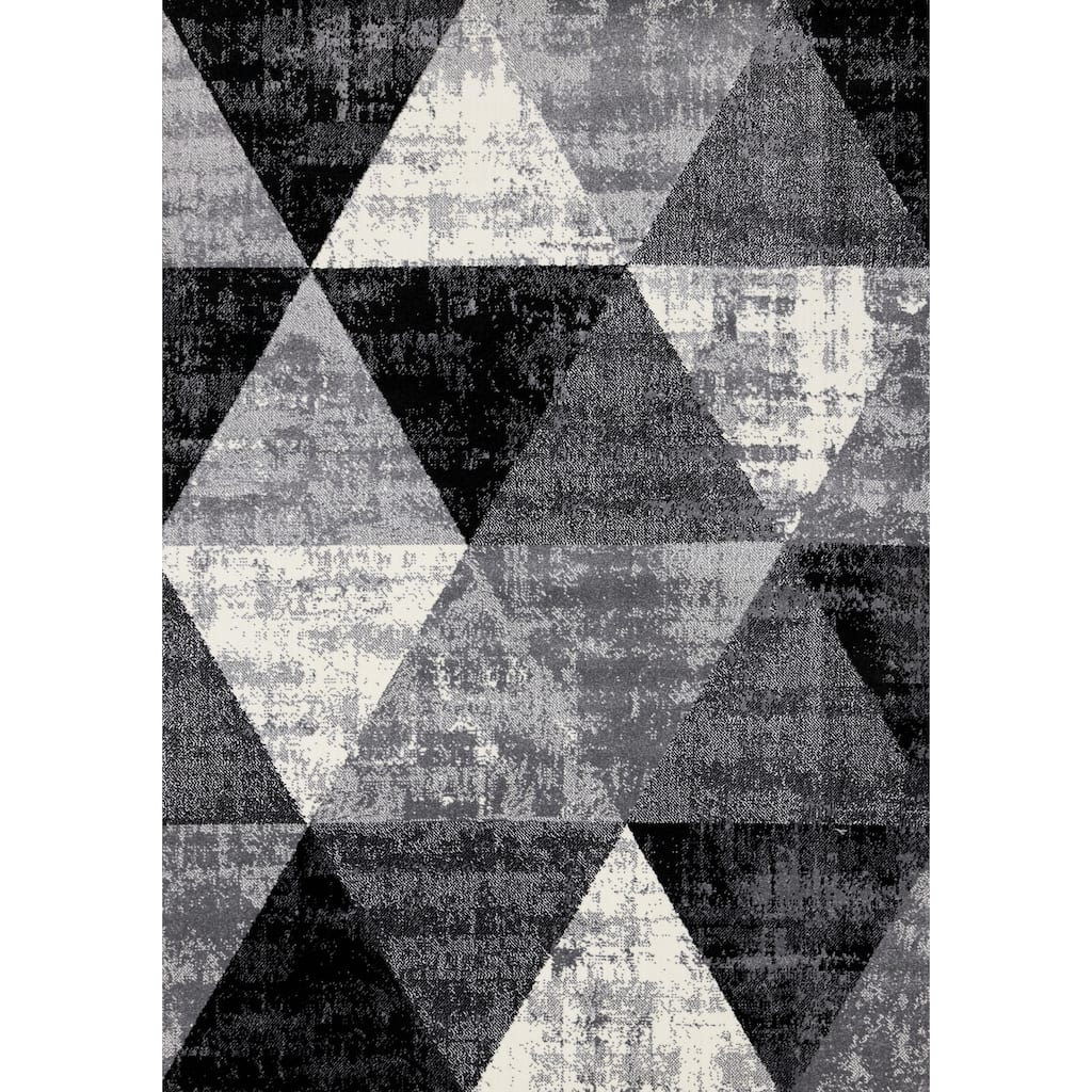 Covington Collection - Grey/Black/Cream Distressed Triangles Rug, 3'11" x 5'7"