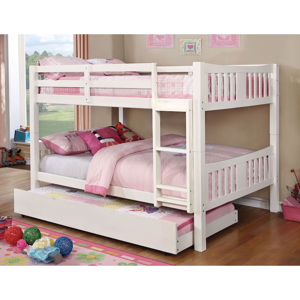 Full Over Full Bunk Bed with Attached Ladder, White Finish, Trundle Not Included