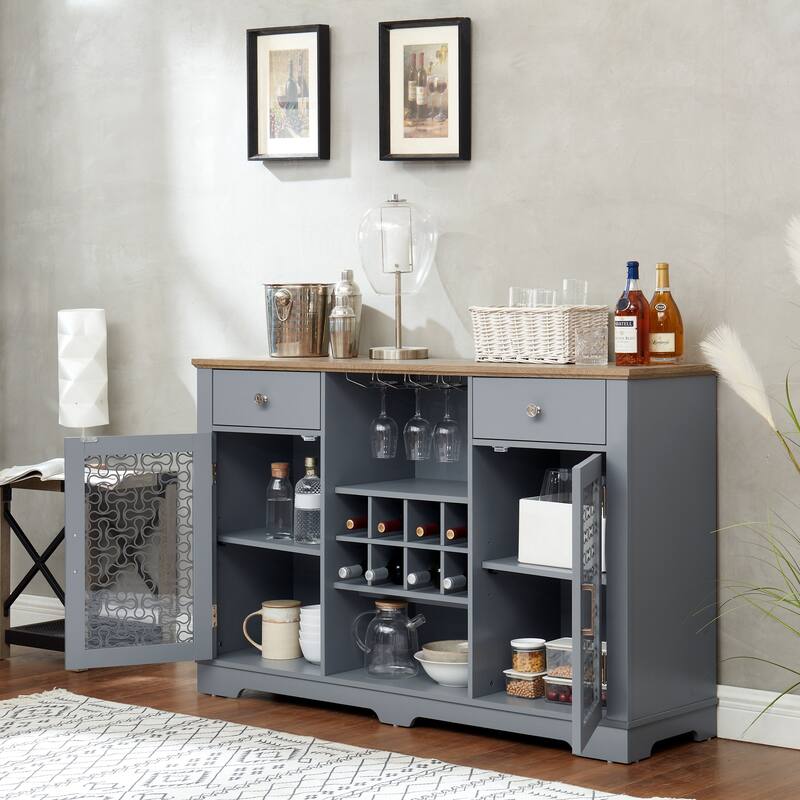 Buffet Cabinet Sideboard with 2 Drawers, Wine Bottle & Wine Glass Rack - Light Blue