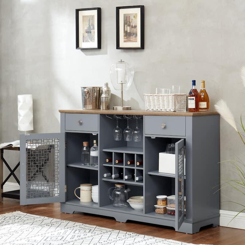 Modern Farmhouse Buffet Cabinet, Sideboard with 2 Drawers and Elegant Glass Door Cabinets, Wine and Glass Rack, Coffee Bar