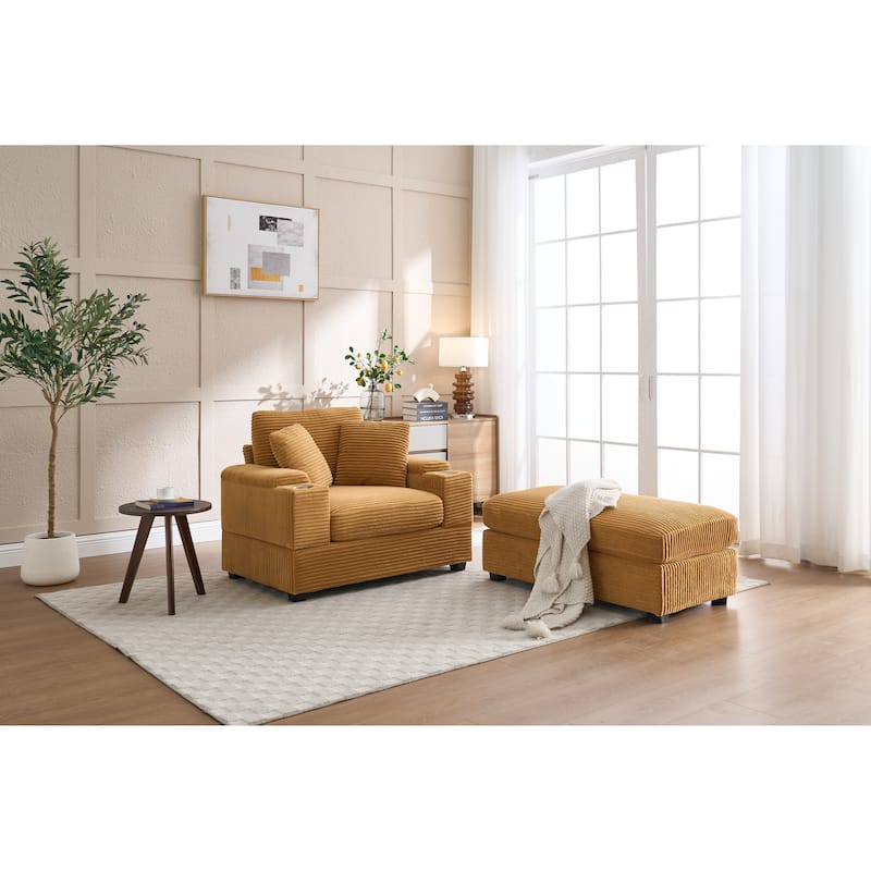 GDFStudio - Eldric Corduroy Chaise Lounge Sofa with Storage Armrest, Movable Ottoman and Cupholders