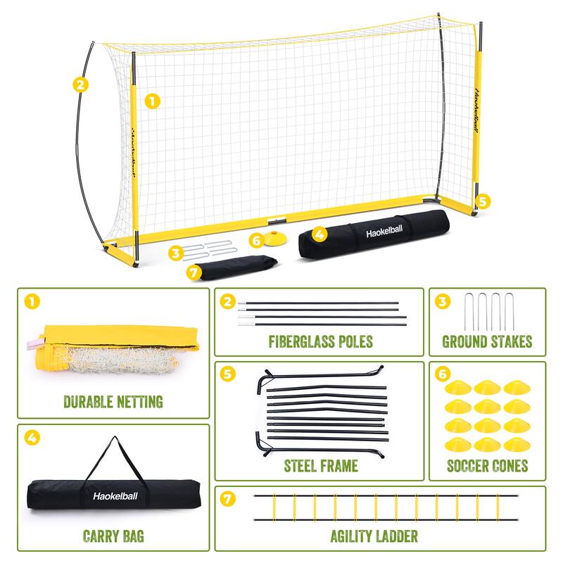 12x6ft Portable Haokelball Soccer Goal with 12 Cones, Agility Ladder, and Carry Bag for Backyard