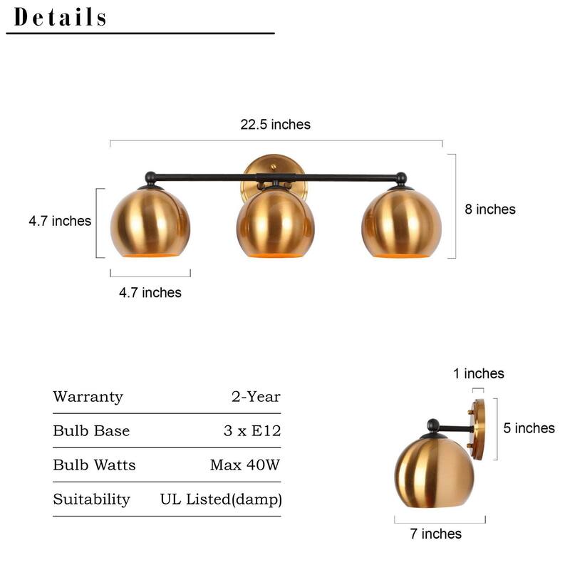 Marden Modern Black Gold 3-Light Bathroom Vanity Lights Vintage Metal Globe Wall Sconces - 22.5" L x 7" W x 8" H