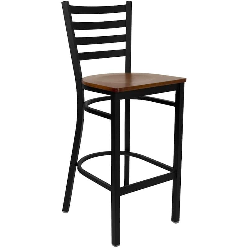Ladder Back Metal Restaurant Barstool - 17"W x 18"D x 42.25"H - 17"W x 18"D x 42.25"H - Cherry Wood Seat/ Black Metal Frame