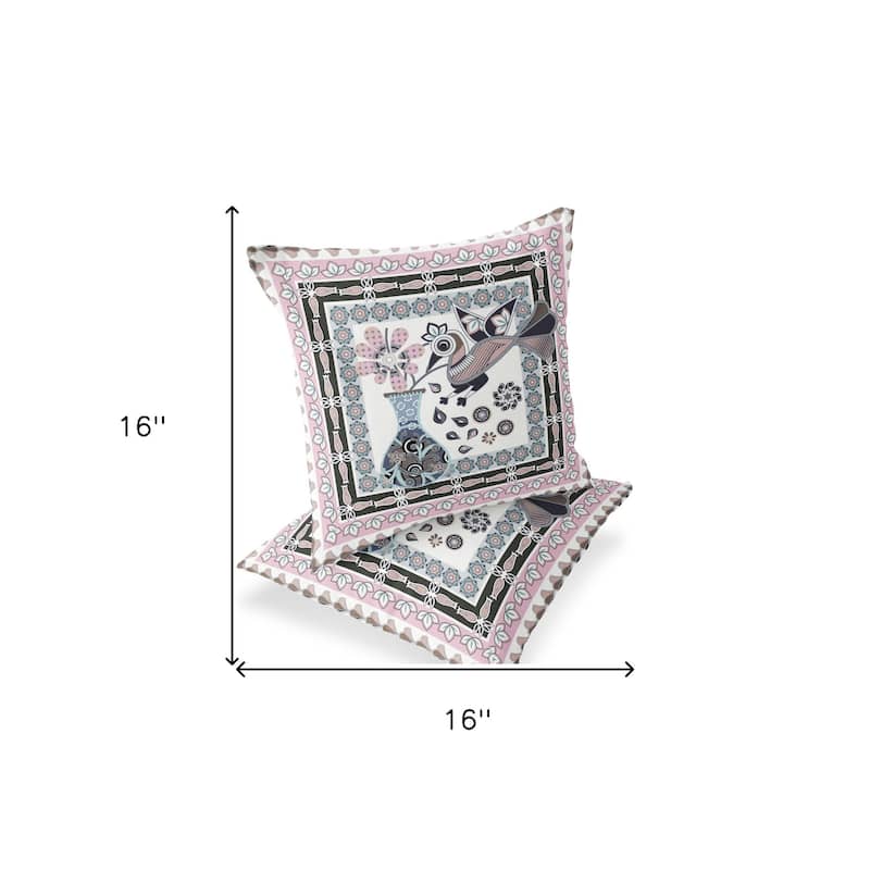 HomeRoots Set of Two 16" X 16" Pink and Black Peacock Blown Seam Floral Indoor Outdoor Throw Pillow - 16.00' X '16.00' X '5.00