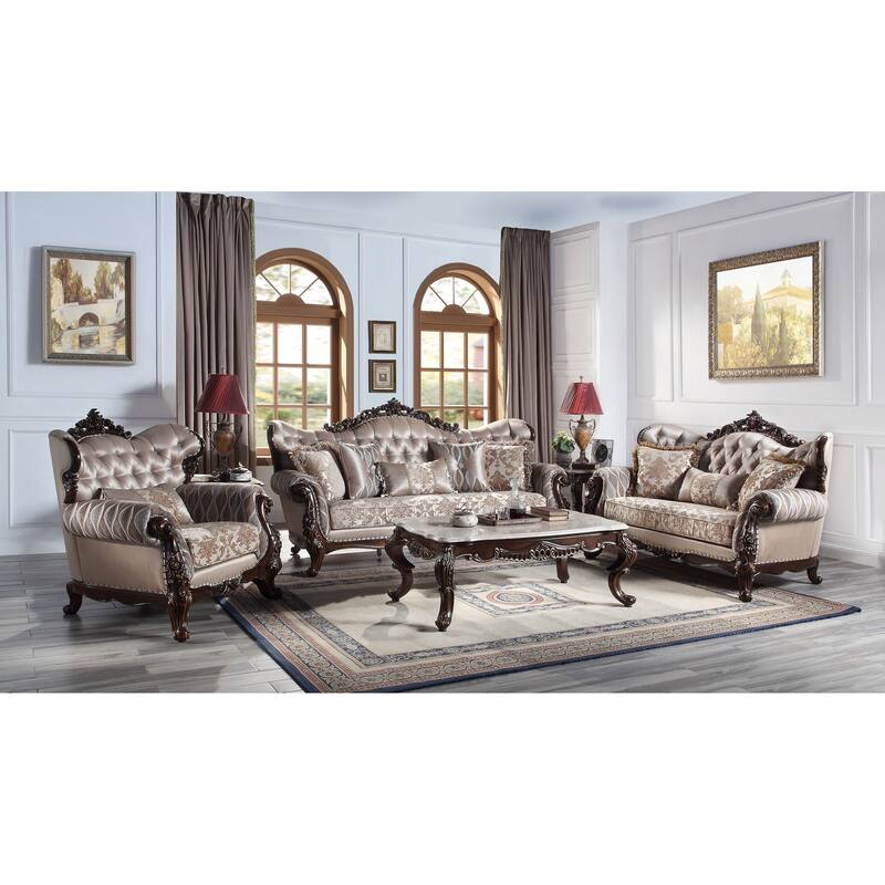 Ferria Light Taupe and Antique Oak Loveseat with 3 Pillow