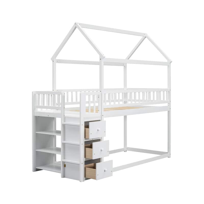 House-shaped Storage Loft Bed Twin Over Twin Size Bunk Bed with Built-in Shelves, 3 Drawers and Guardrail, No Slats Floor Bed