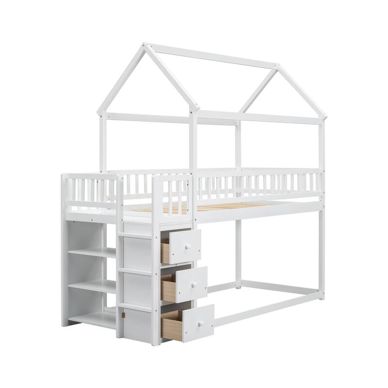 Kids Twin House Bunk Bed with Storage Shelves, Drawers, and Roof Design