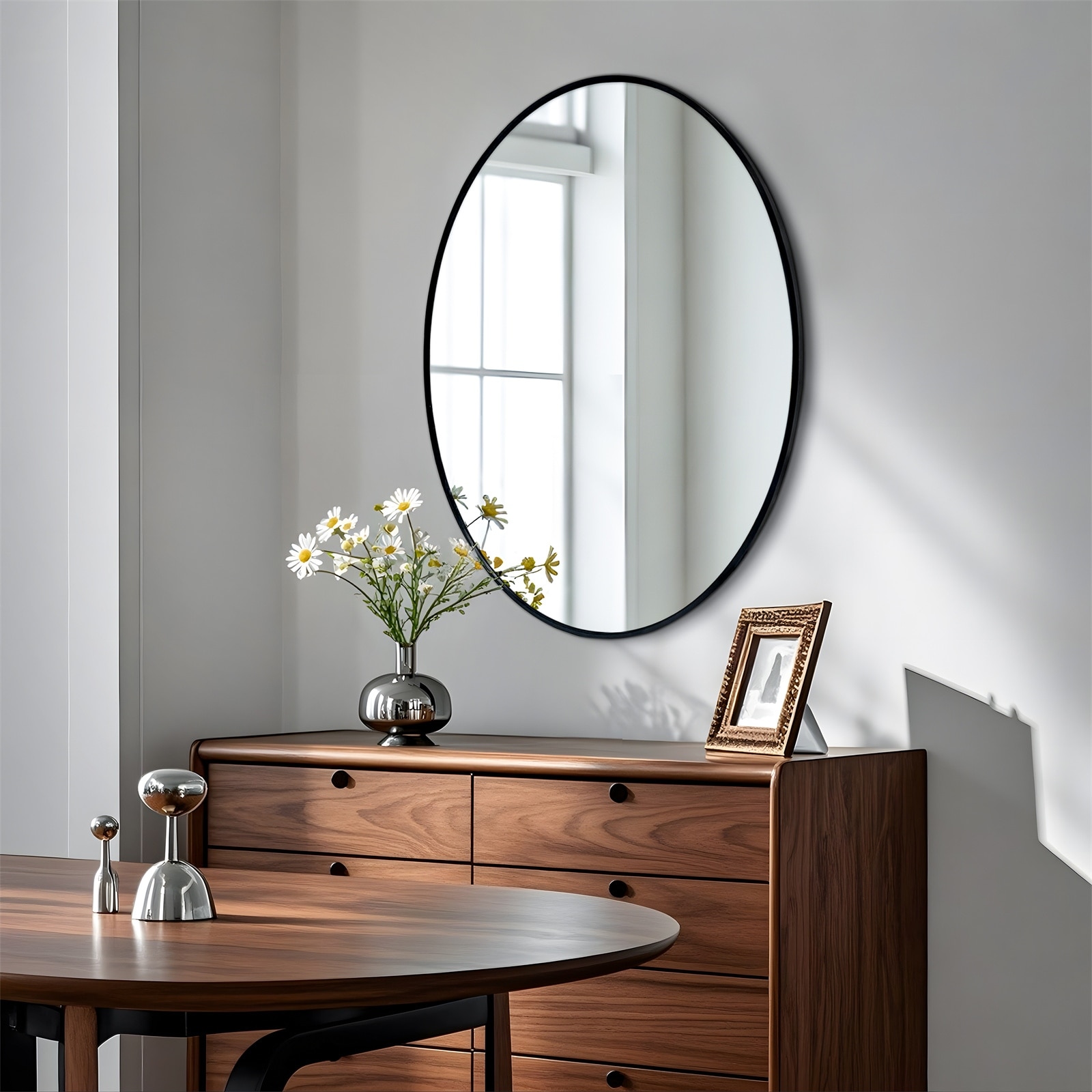 Modern Vertical Black Aluminum Frame Oval Mirror Wall Hanging Vanity Mirror