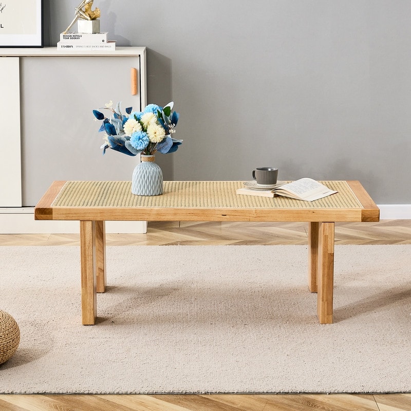 Rectangular Rattan tabletop Coffee Table with Rubber Wooden Legs - Bed ...
