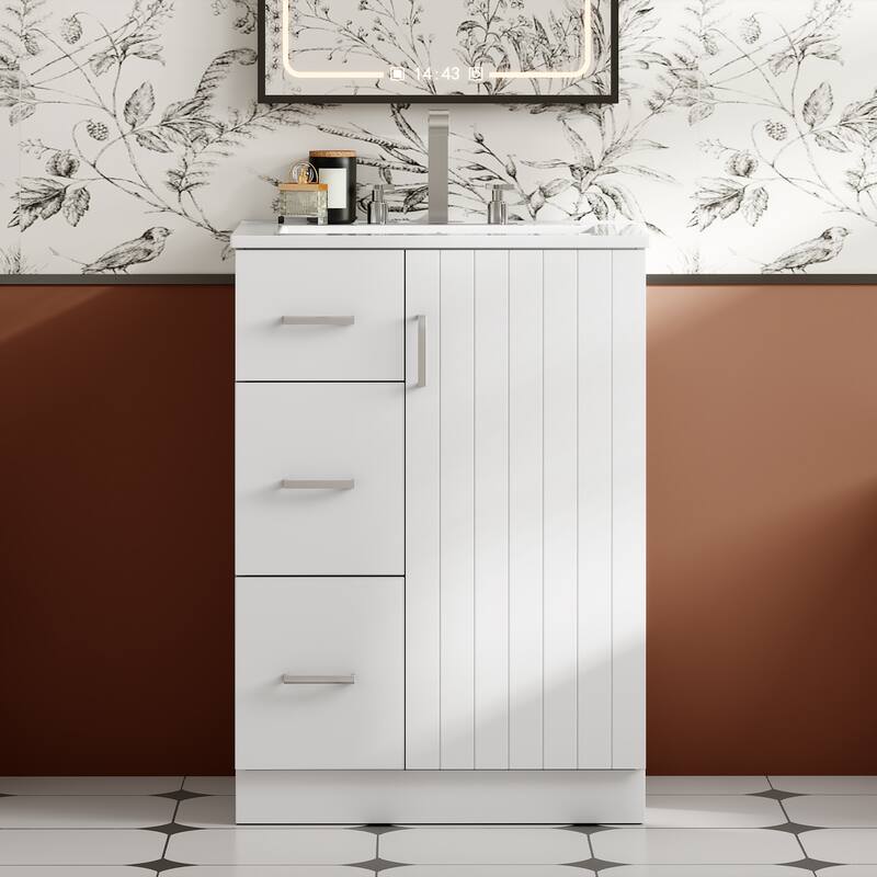 GDFStudio - Elmbrook Modern Bathroom Vanity with Ceramic Sink and 2 Storage Drawers & Soft-Closing Door - 24'W - White