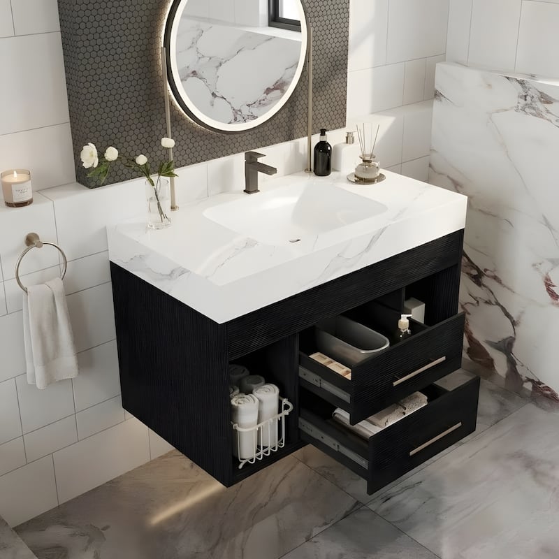 29.9-inch floating bathroom vanity with sintered stone countertop and ceramic undermount sink