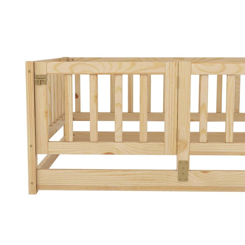 Full Size Montessori Floor Bed with Fence and Door, Kids Wood Bed Frame, Natural Pine Wood Floor Bed