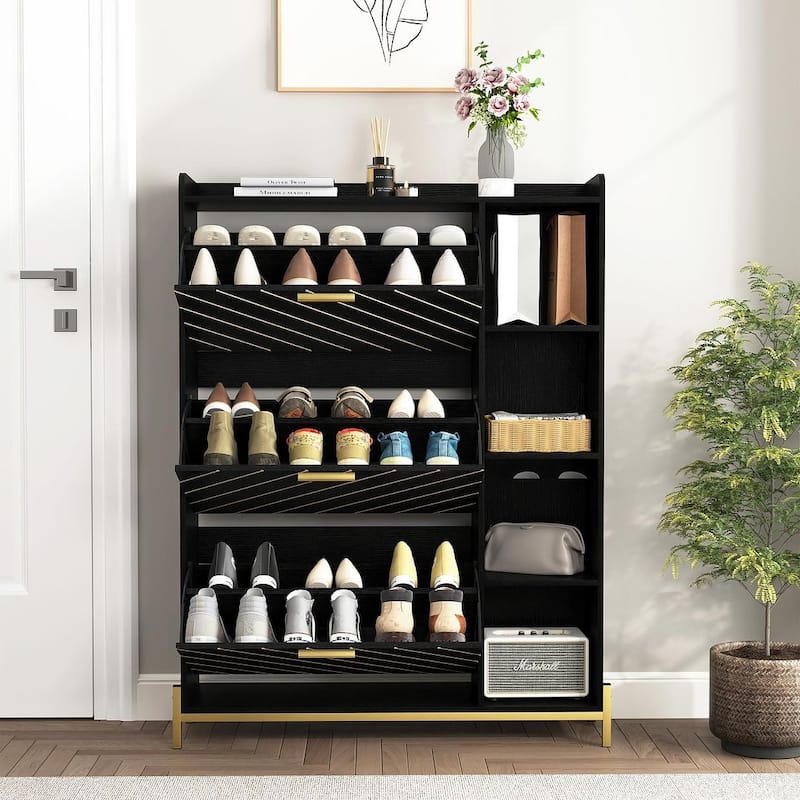35.43" Shoe Organizer with Open Shelves with 3 Flip Drawers
