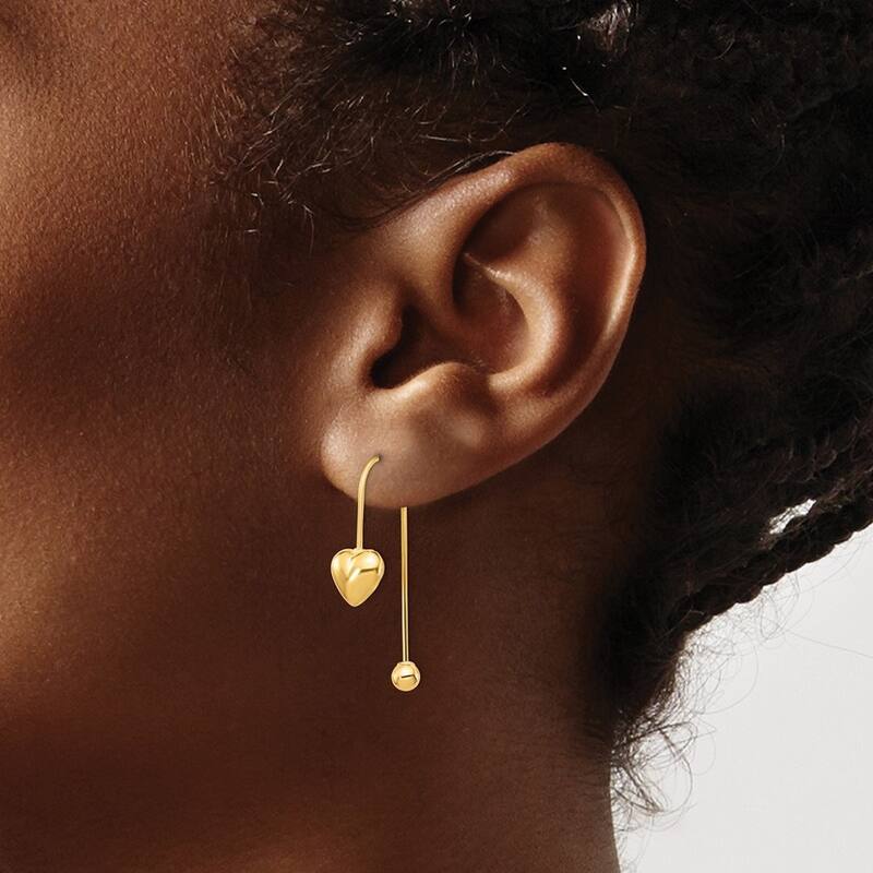 Curata 14k Yellow Gold Puffed Heart With Screw End Threader Earrings 28.65x7.8mm