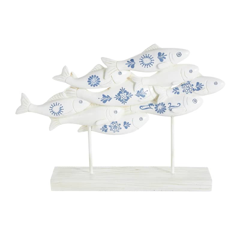 Polystone Fish Decorative Sculpture with Blue Floral Patterns and Stand - White - Roche River Decor