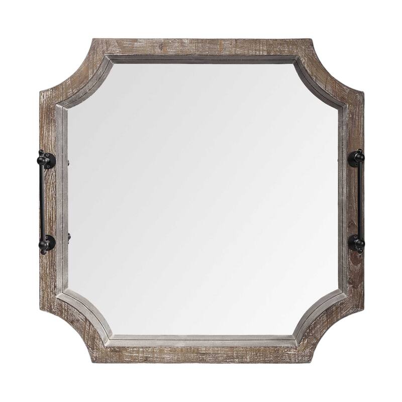 HomeRoots 23" Brown Hexagonal Wood and Mirrored Glass Serving Tray With Handles