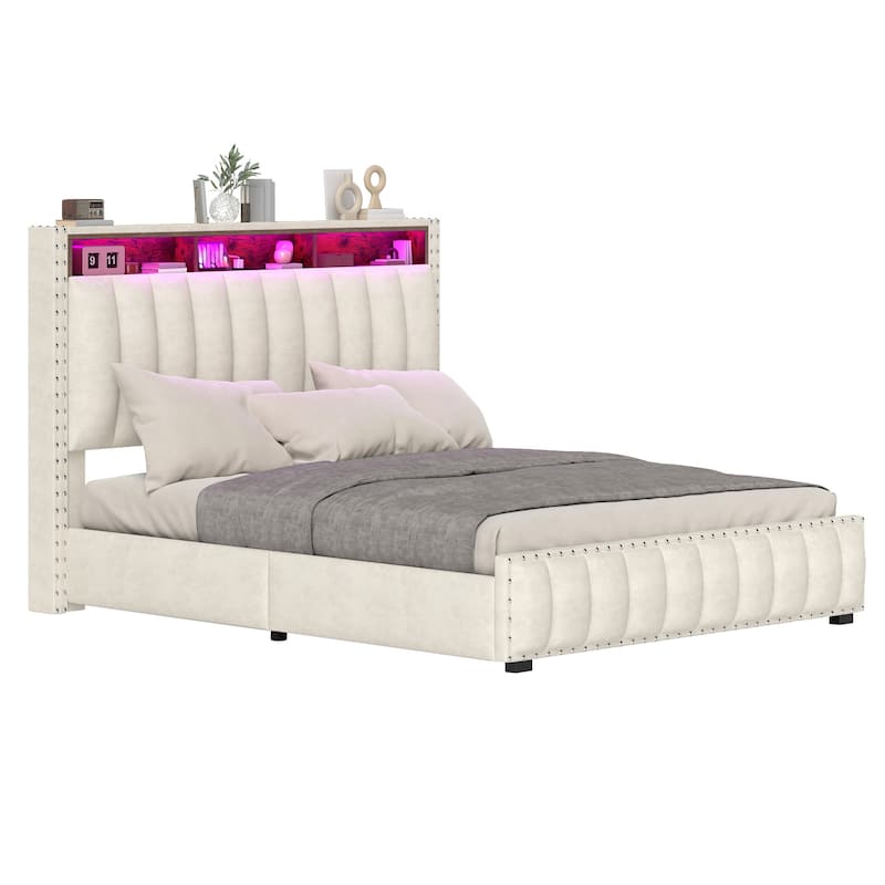 Lift Up Storage Nailhead Bed Frame with Charging Station, Velvet Upholstered Platform Bed with RGB LED Lights