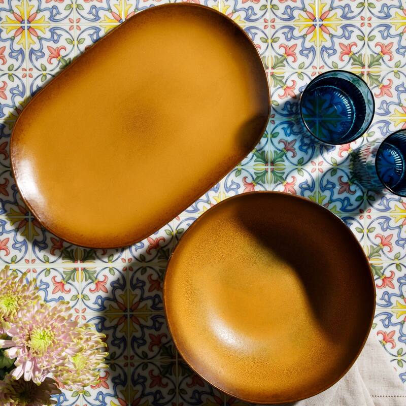 Bloomhouse Palermo Sun 2 Piece Serving Bowl and Oval Platter Stoneware Reactive Glaze Serveware Set
