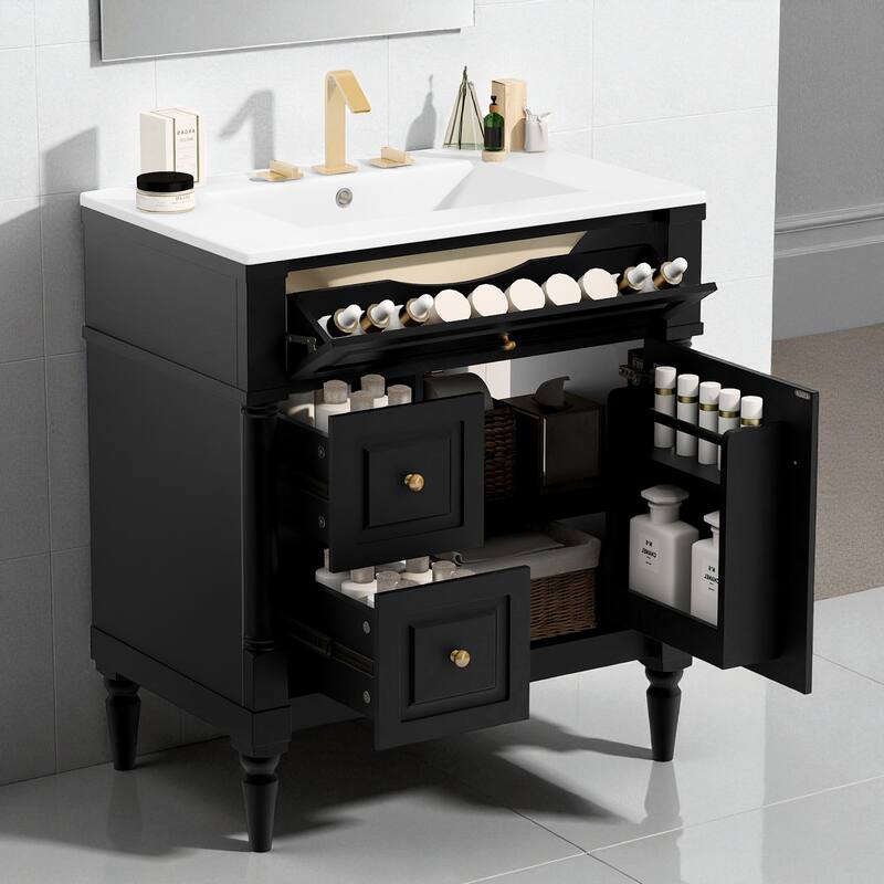 30" Freestanding Bathroom Vanity with Ceramic Sink, Solid Rubberwood Frame, Flip Drawer & Adjustable Shelf
