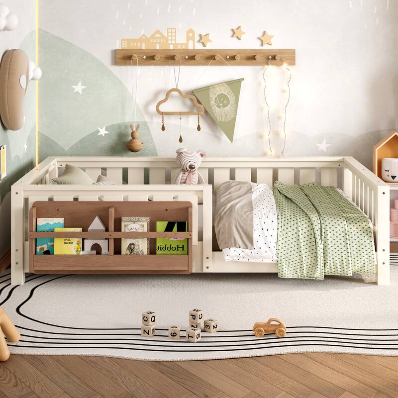 Montessori Floor Bed Low Profile Kids Bed with Rails & Bookshelf