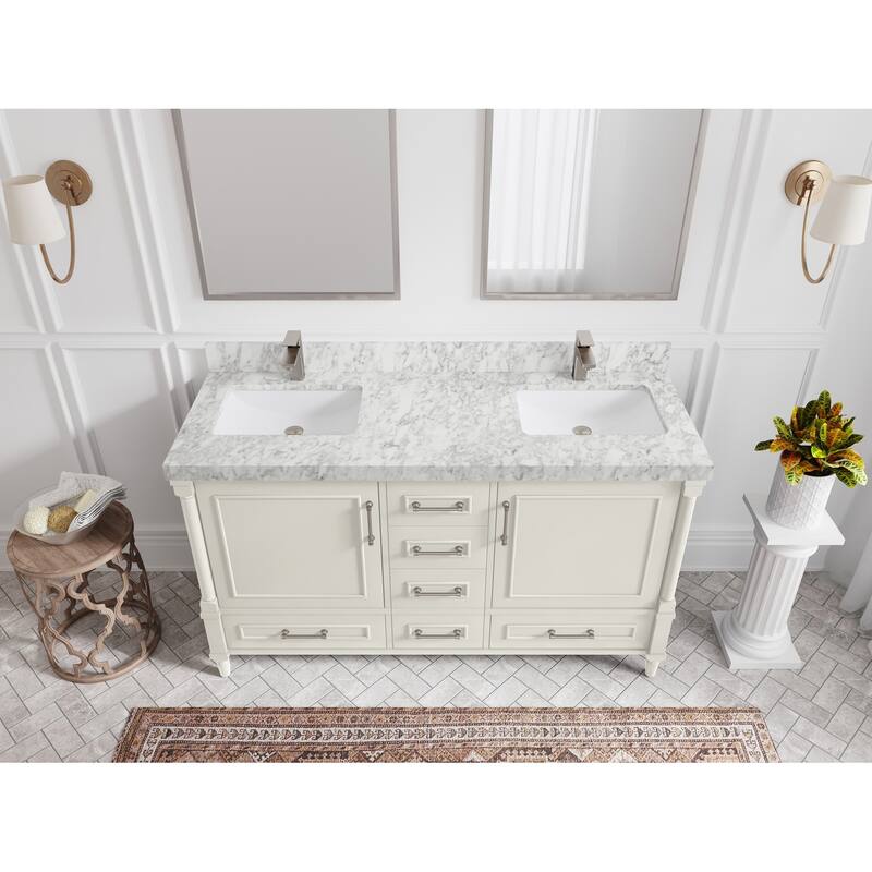 Willow Collections 60 in. W x 22 in. D Aberdeen Double Sink Bathroom Vanity with Countertop - 2" Carrara Marble - Ivory