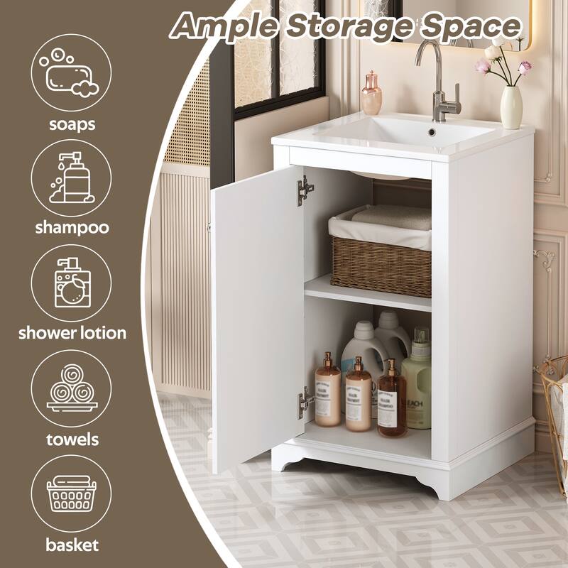 20" Bathroom Vanity with Ceramic Sink - Soft Closing Door, Adjustable Shelf, Freestanding Modern Single Vanity