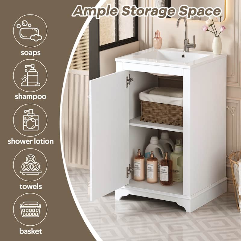 Roomfitters 20" Bathroom Vanity with Ceramic Sink, Freestanding Single Cabinet with Adjustable Shelf and Soft-Closing Door