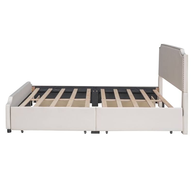 Beige Queen Size Upholstered Platform Bed with Stud Trim Headboard and Footboard and 4 Drawers Velvet Fabric