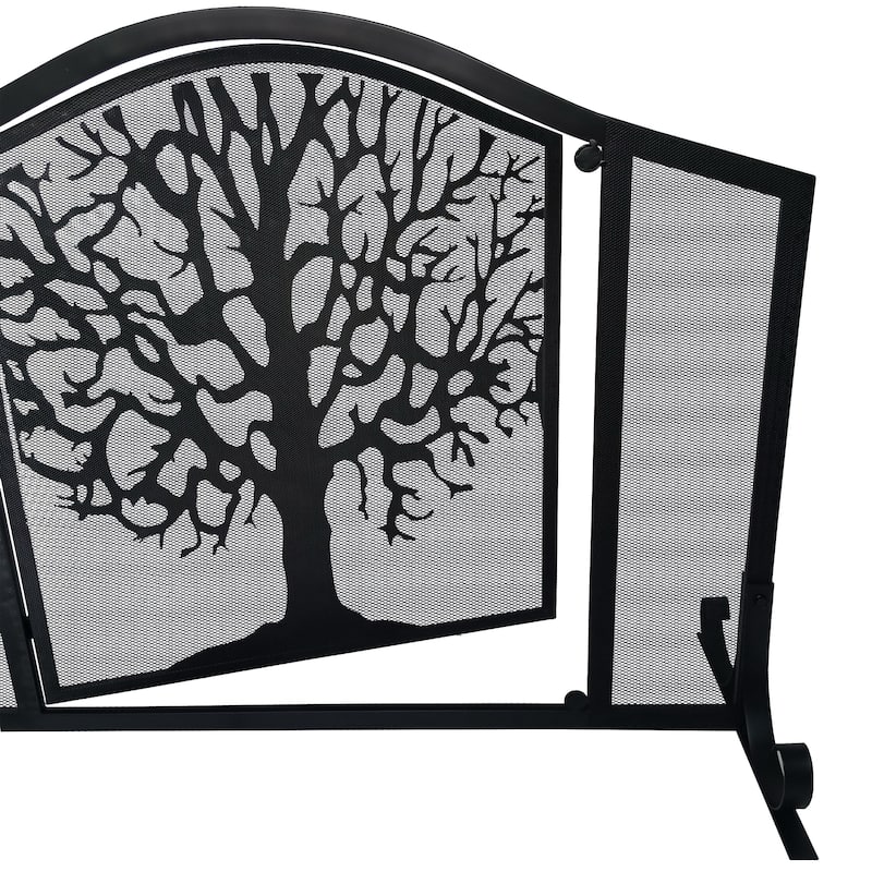 43 Inches 3 Panel Iron Fireplace Screen, Mesh Design, Arched Top, Tree of Life Art, Black