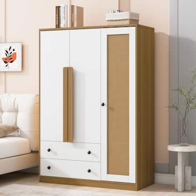 Large Wooden Armoire Wardrobe with Rattan Cabinet Door, 3 Doors Closet Clothes Storage Cabinet with Hanging and Stacking Areas