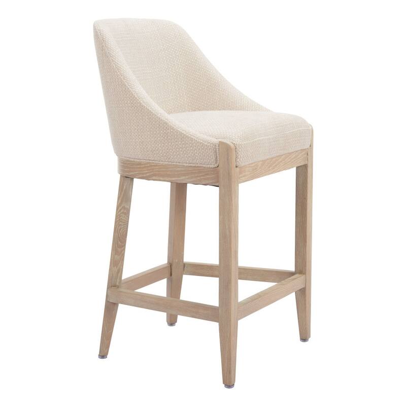 HomeRoots 27" Beige and Natural Fabric and Solid Wood Counter Height Bar Chair