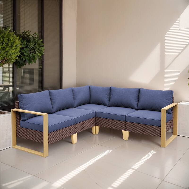 Outdoor PE Wicker Patio Conversation Sofa - Blue - Brown